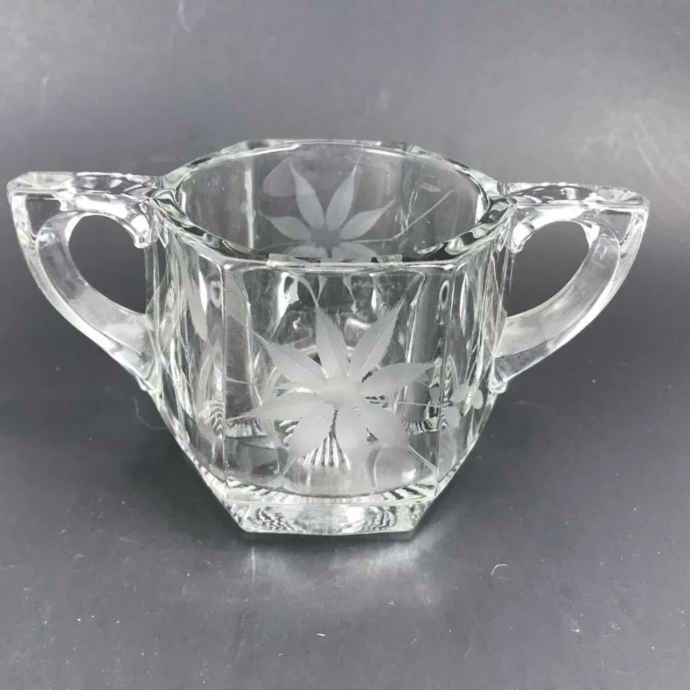 Heavy Vintage hexagonal, etched cream and sugar set